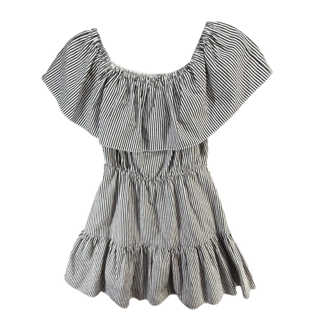 Buddy Basics Off Shoulder Dress Small Black White Stripe Ruffle Boho Boutique